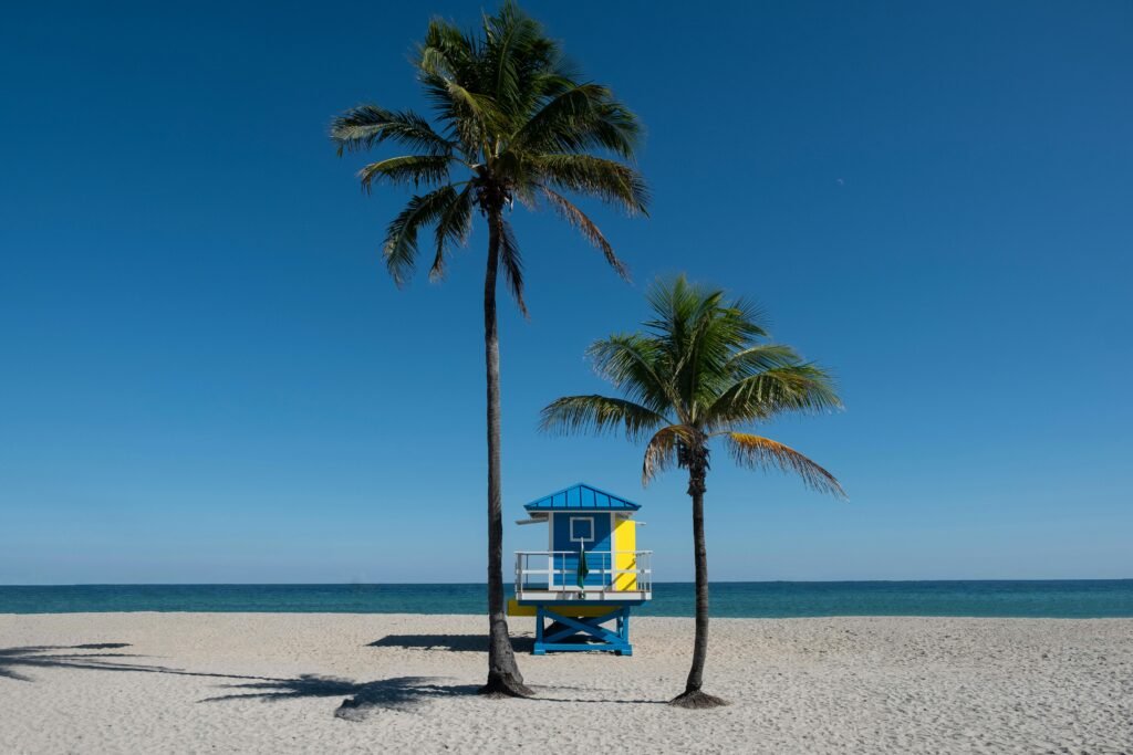 Stunning aerial view of a pristine white sand beach with turquoise water in the United States, perfect for a relaxing and unforgettable beach vacation.