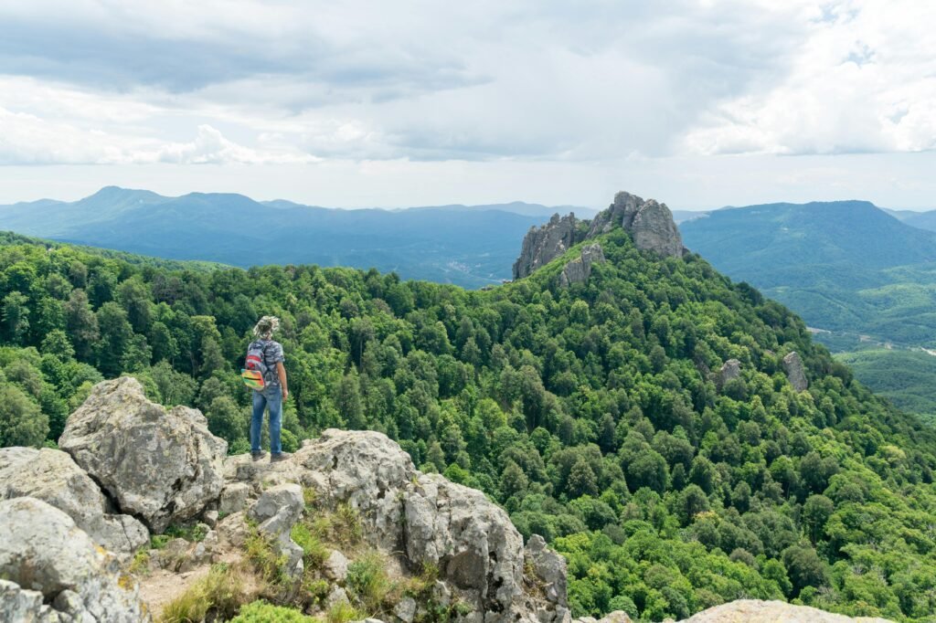 A solo traveler, seen from behind, stands on a scenic viewpoint overlooking a vast landscape, symbolizing freedom and self-discovery on an independent travel adventure.