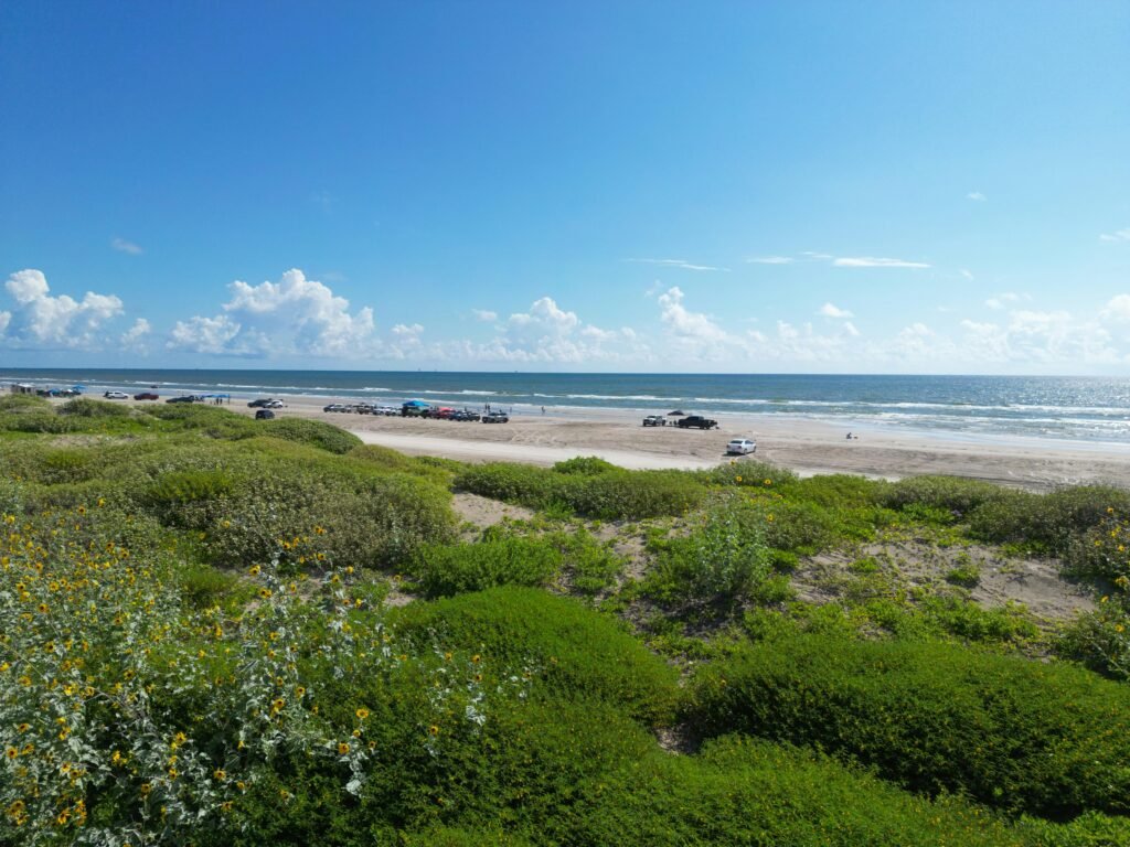 A wide, sandy shore at one of the nice beaches in Texas, with sand dunes and gentle waves from the Gulf of Mexico under a clear, sunny sky.