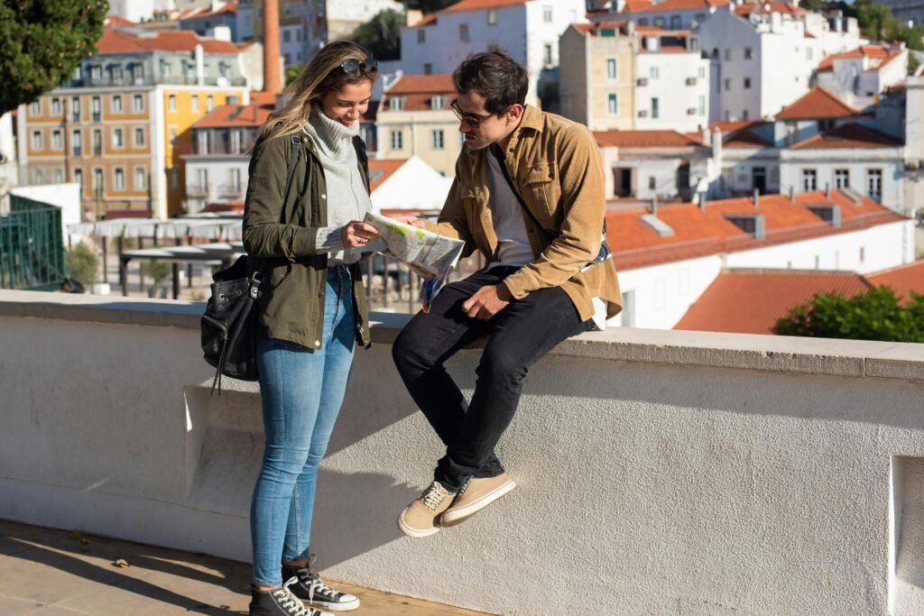 An individual confidently exploring a vibrant city street, referencing their smartphone, symbolizing the effortless discovery of local sightseeing places, unique attractions, and hidden gems nearby.