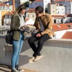 An individual confidently exploring a vibrant city street, referencing their smartphone, symbolizing the effortless discovery of local sightseeing places, unique attractions, and hidden gems nearby.