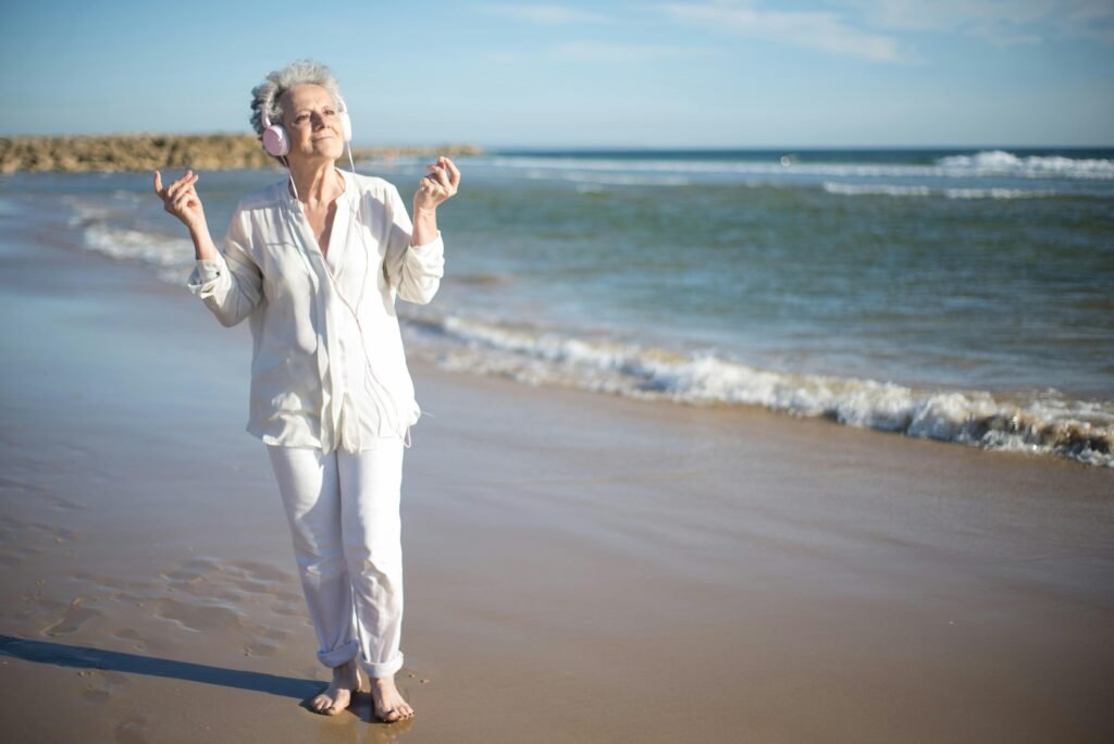 Happy senior woman enjoying a stress-free solo travel tour with companions, discovering new horizons safely.