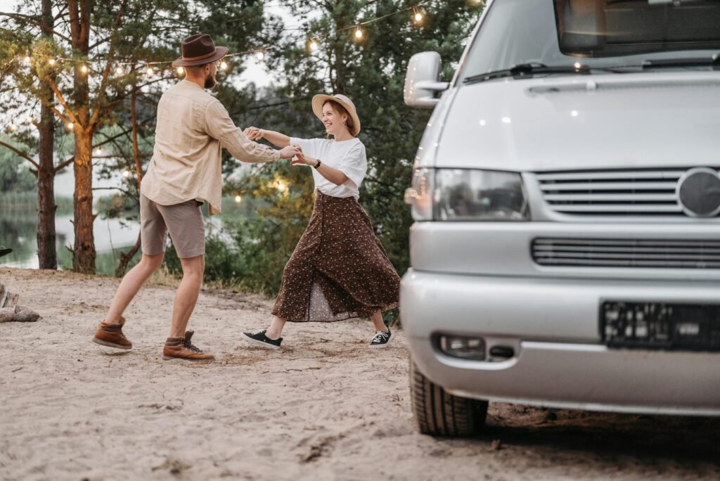 Happy couple enjoying a low-budget romantic vacation, focused on shared experiences and genuine connection.